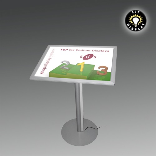 MF4: Podium stands with LIT 'snap' frames (light boxes) supported on one post