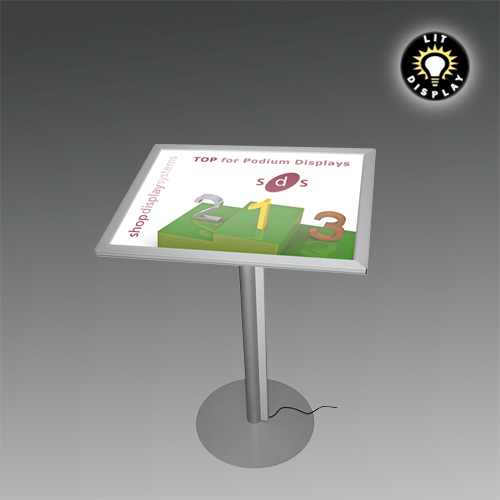 MF4: Podium stands with LIT 'snap' frames (light boxes) supported on one post