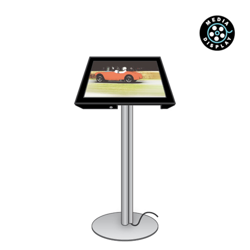 MF7: Single post podium stand supporting angled media screen