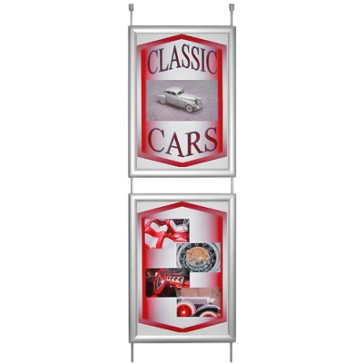 2x A3 portrait snap frames suspended on bars 2x A3 portrait snap frames suspended on bars